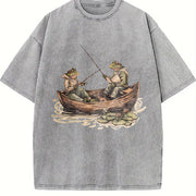 Two Frogs Fishing 90s Vintage Washed T-Shirt in Gray