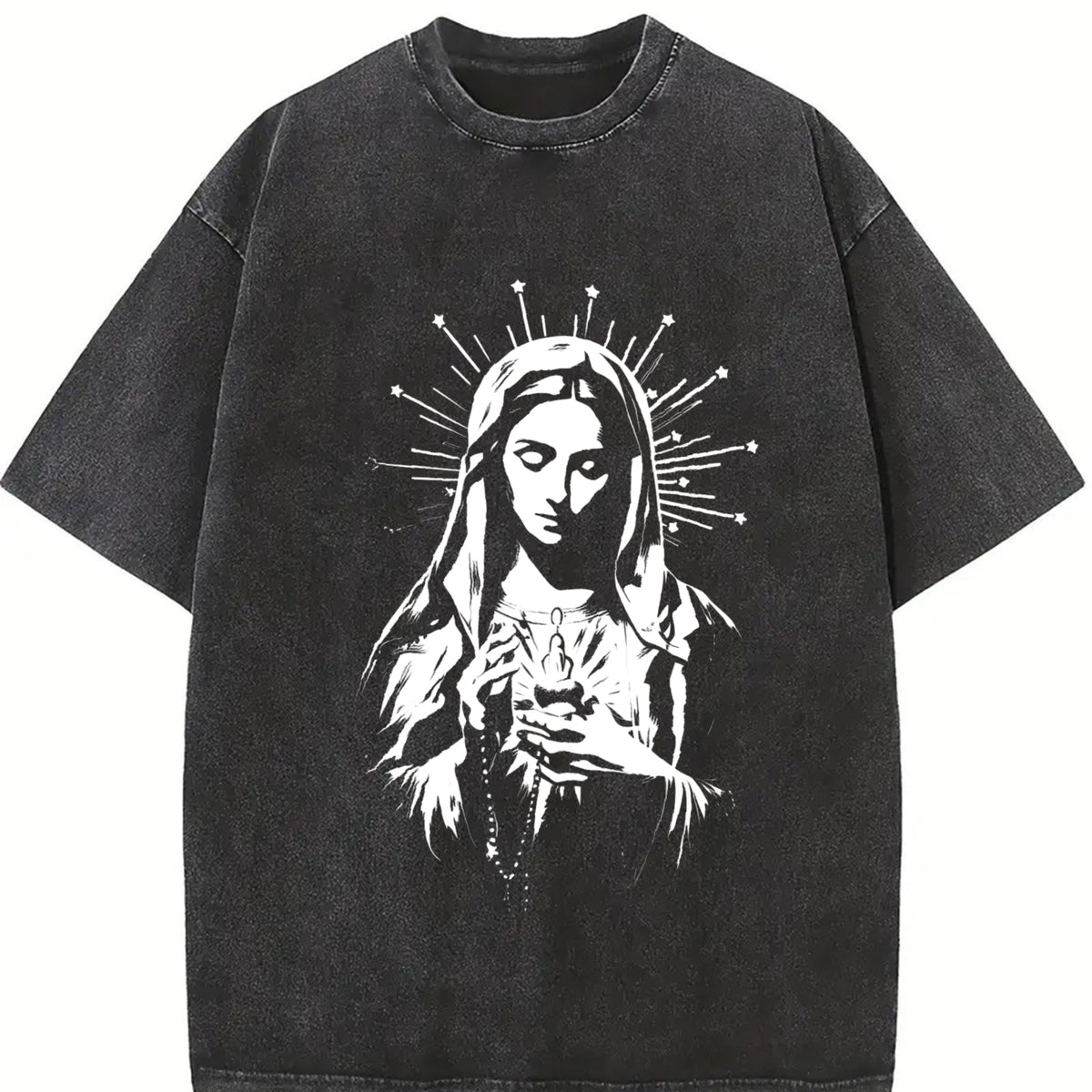 Catholic Icon Guadalupe and Sacred Heart Vintage Washed T-Shirt in Black