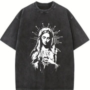 Catholic Icon Guadalupe and Sacred Heart Vintage Washed T-Shirt in Black
