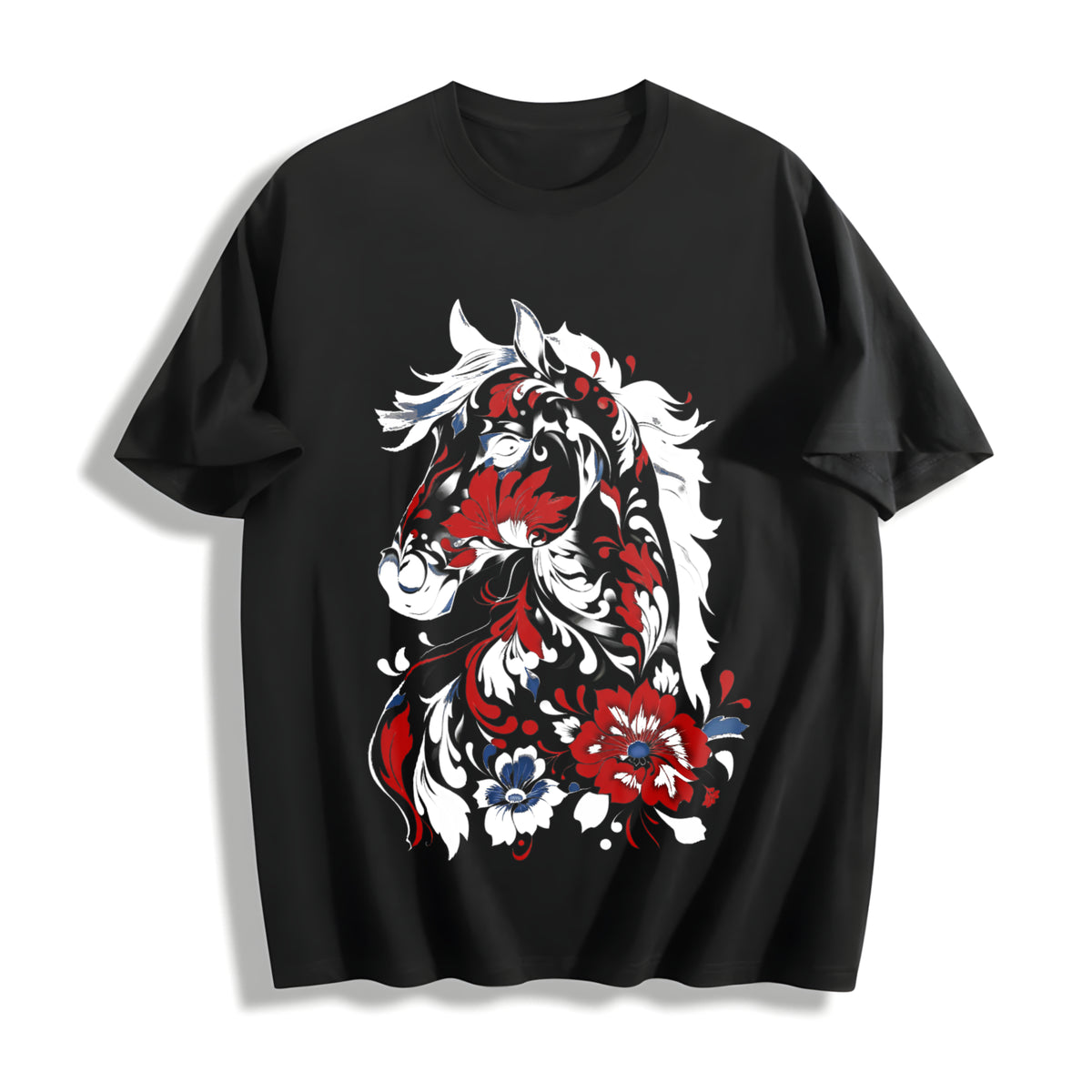 New Year Winter a Horse Year Theme Cotton T-Shirt in Black