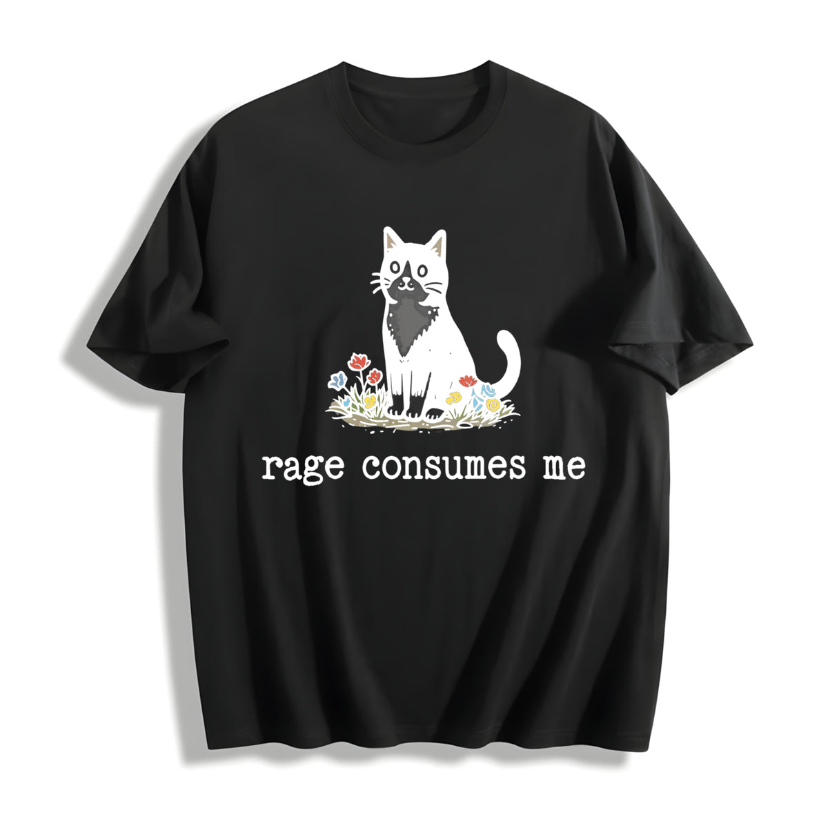 Rage Consumes Me Cat Cotton T-Shirt in Black