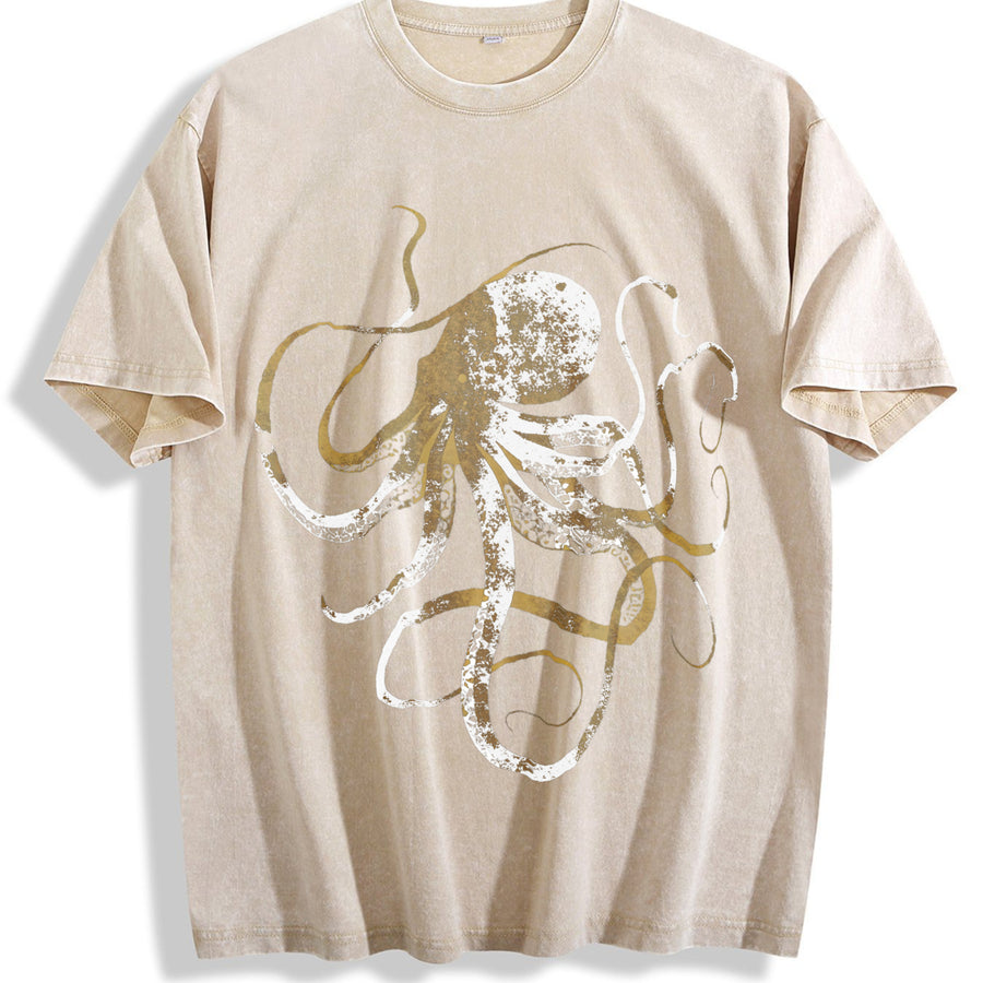 ' Golden Octopus with -Line Vintage Washed T-Shirt in Beige