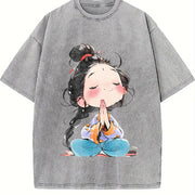 Retro Thick Blouse-compatible Vintage Washed T-Shirt in Gray