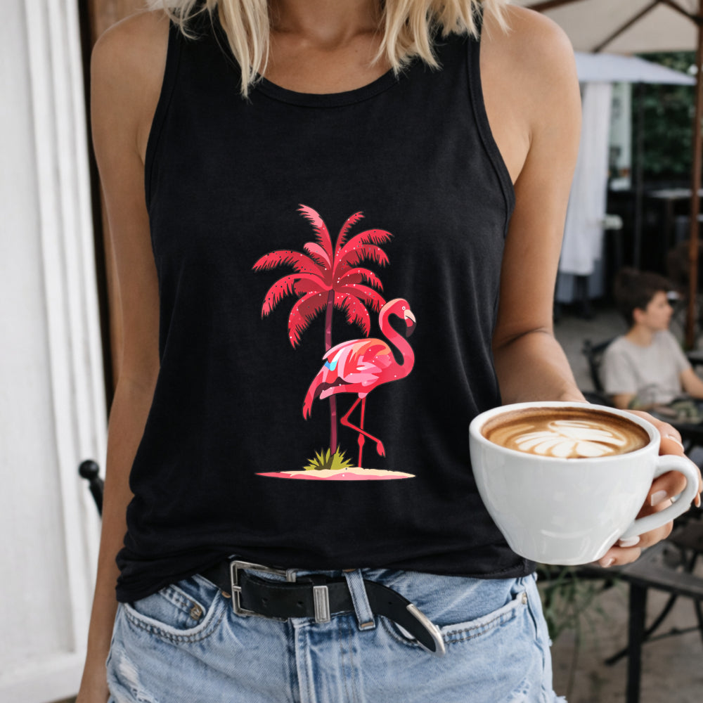Flamingo Palm Tree Women's Color Cotton Tank Top in Black