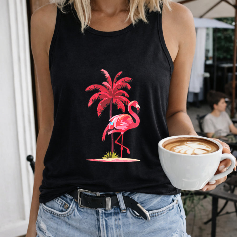 Flamingo Palm Tree Island Scene Crew-neck Sleeveless Vest Women's Color Cotton Tank Top in Black