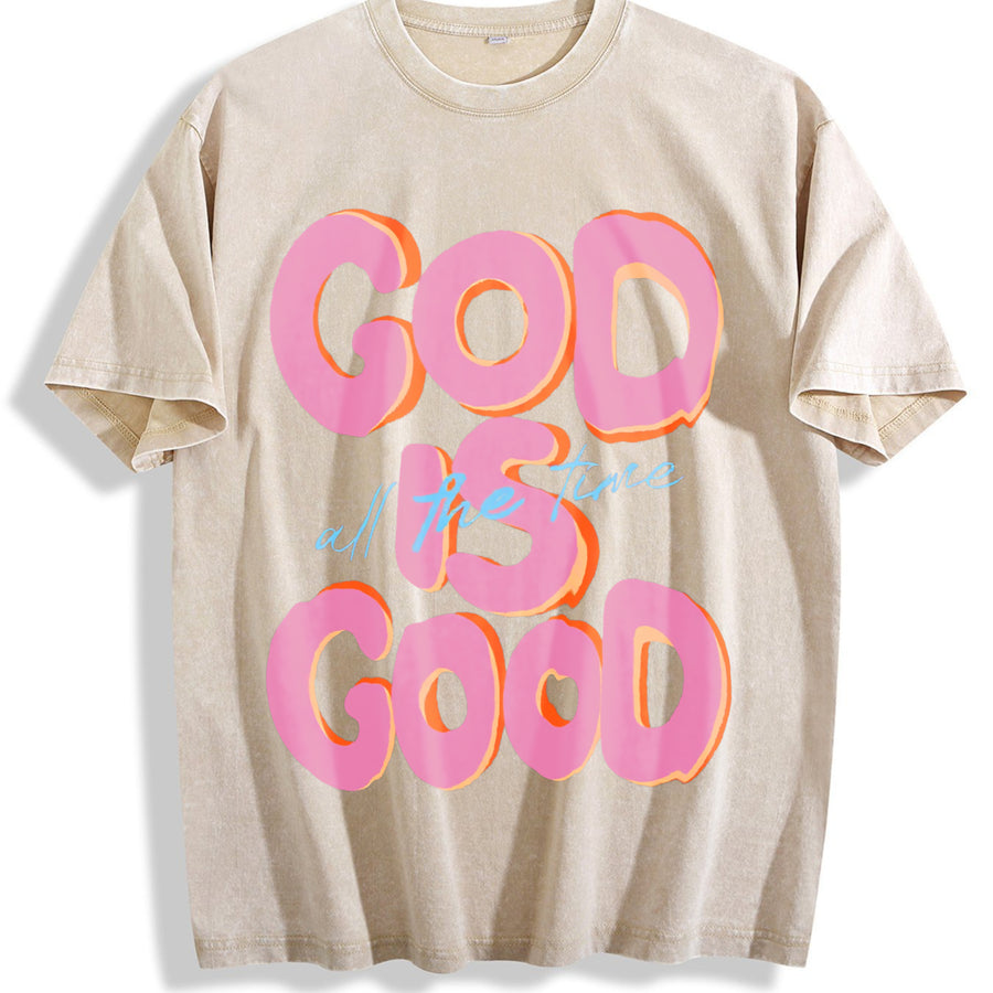 & 230gsm GOD IS GOOD Retro Vintage Washed T-Shirt in Beige