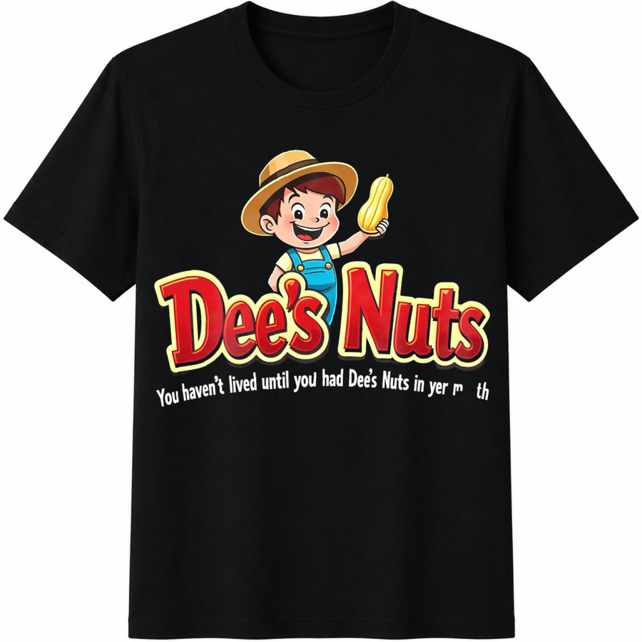 Dee's Nuts Cartoon Joke Cotton T-Shirt in Black