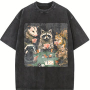 Animals Playing Poker Raccoon Opossum vintage washed oversized T-shirt in Black