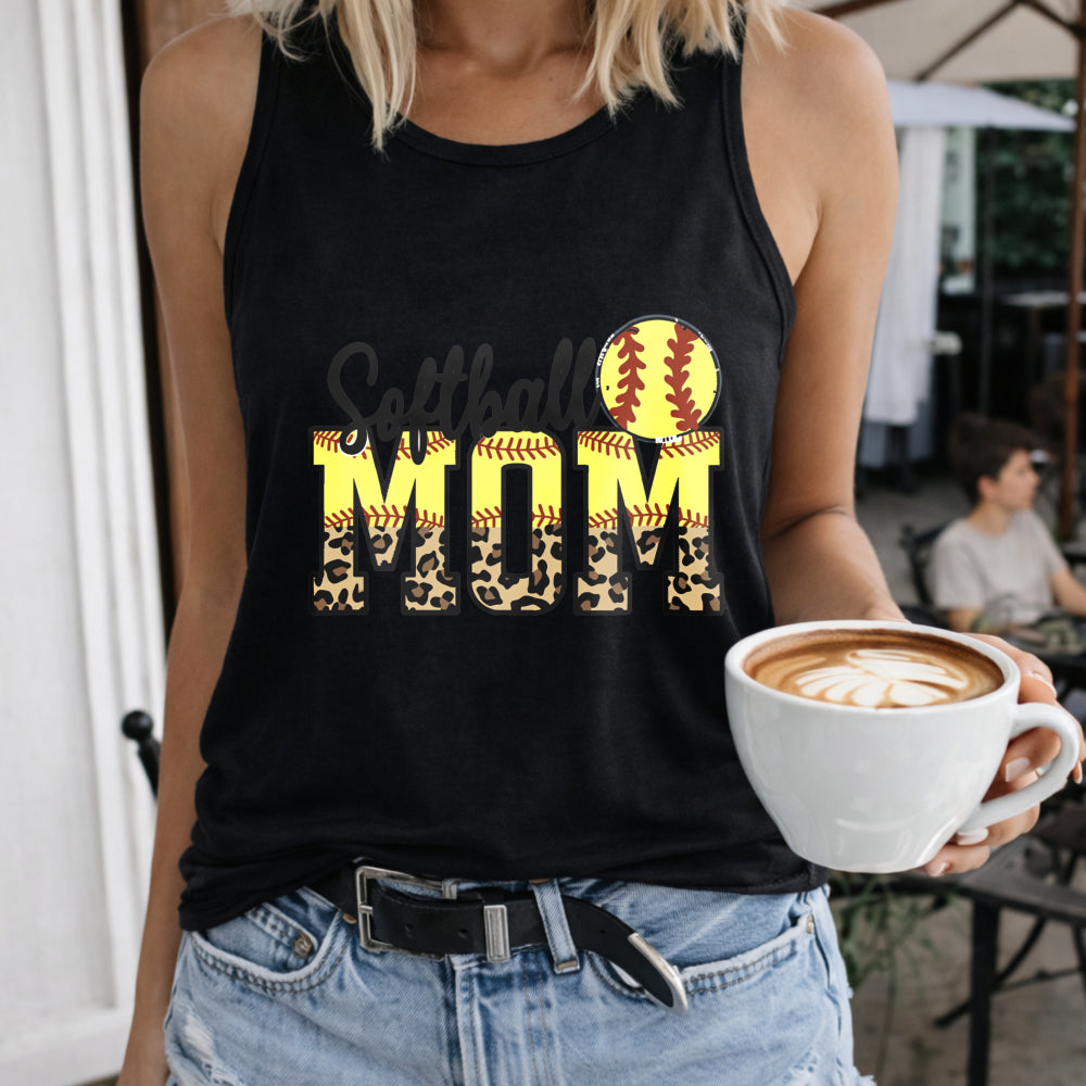 Softball Mom Leopard Ball Crew-neck Sleeveless Vest Women's Color Cotton Tank Top in Black