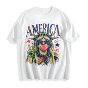 Preppy Statue of Liberty Blowing Bubble Gum Cotton T-Shirt in White