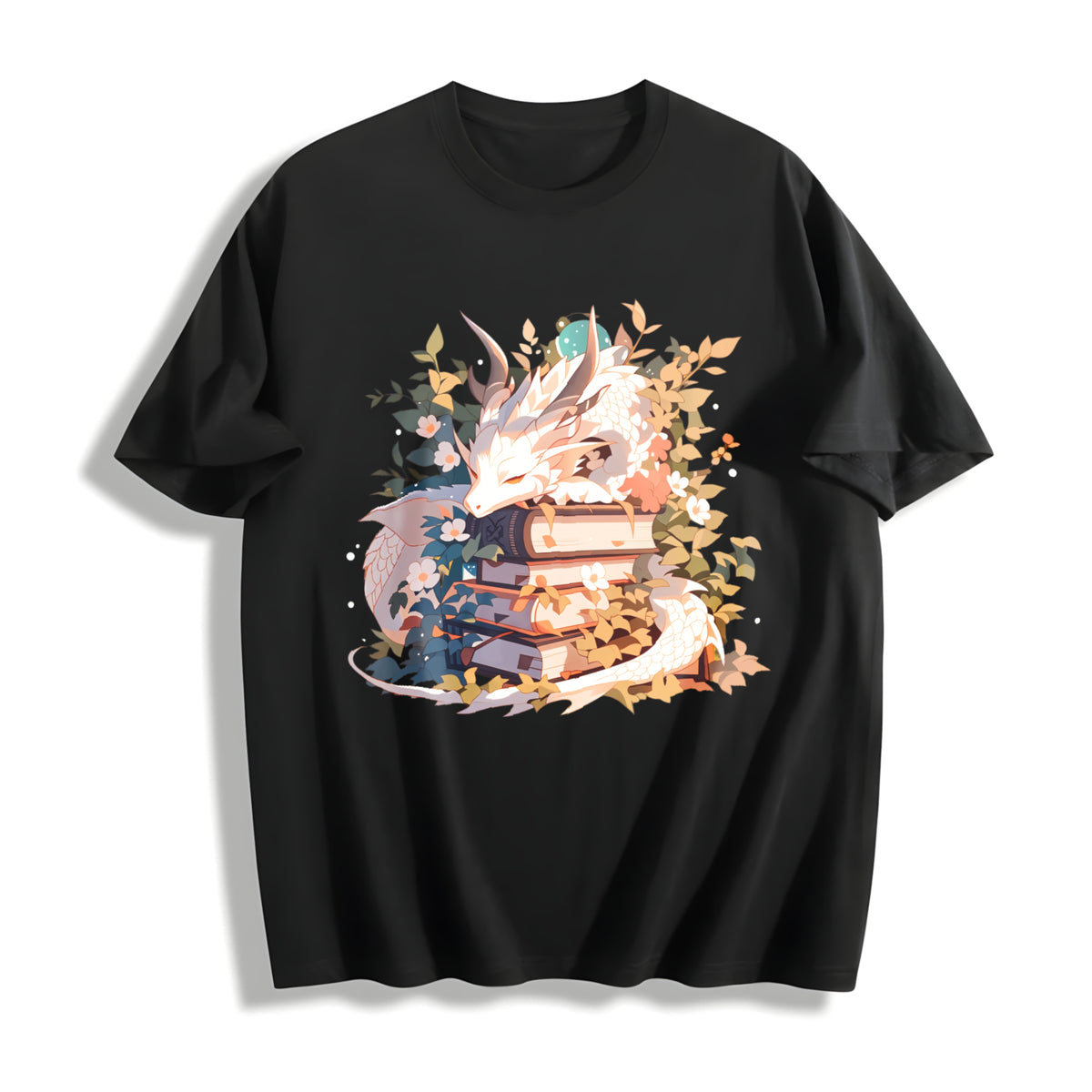 Animal Series: White Dragon Lying on Books with Floral. Cotton T-Shirt in Black