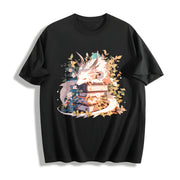 Animal Series: White Dragon Lying on Books with Floral. Cotton T-Shirt in Black