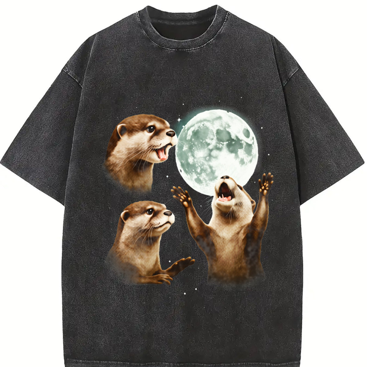 Three Otters Moon ® 90s Vintage Washed T-Shirt in Black