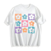 Checkered Flowers Retro Checkered Spring Cotton T-Shirt in White