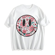 Floral Happy Face Mother's Day for Mom Cotton T-Shirt in White