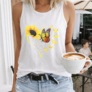 Sunflower Butterfly Heart Crew-neck Sleeveless Vest Women's Color Cotton Tank Top in White