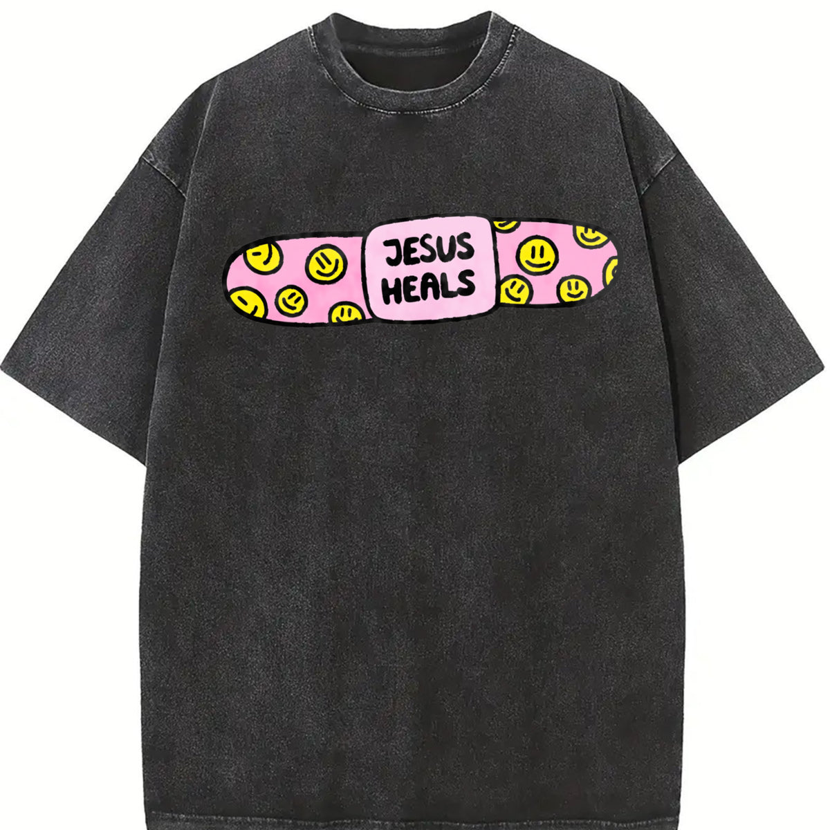 Jesus Heals Christian Based Vintage Washed T-Shirt in Black