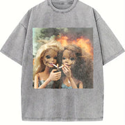 Two Glam Dolls Smoking Vintage Washed T-Shirt in Gray
