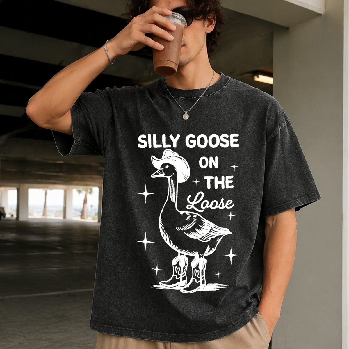 Silly Goose on the Loose Vintage Washed T-Shirt in Black