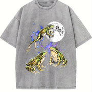 Three Frog Retro Frogs Moon Vintage Washed T-Shirt in Gray