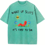 Wake Up Slts Animal Meme Sarcastic Cursed Unhinged Humor Vintage Washed T-Shirt in Blue