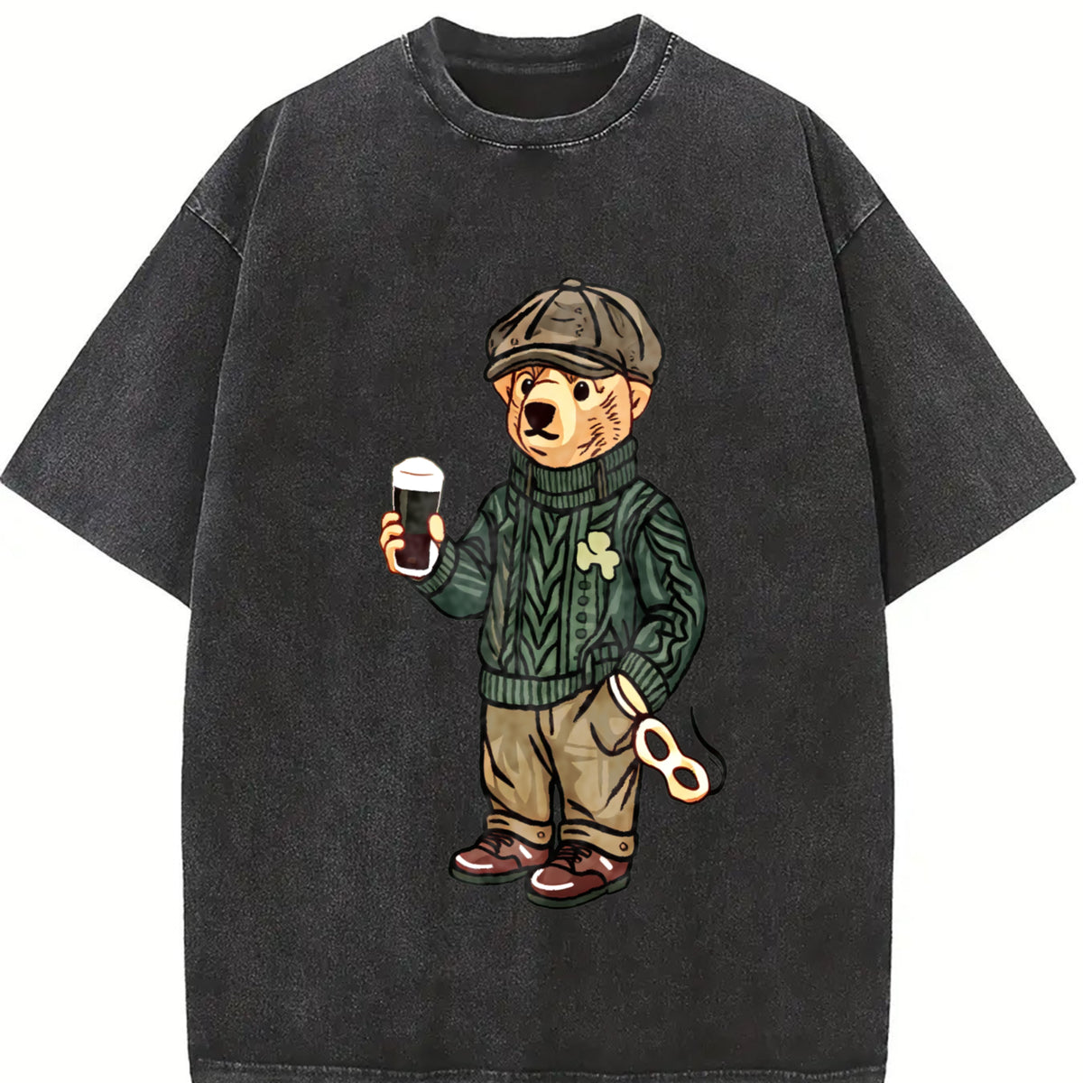 Y2K St Patricks Day Bear Vintage Washed T-Shirt in Black