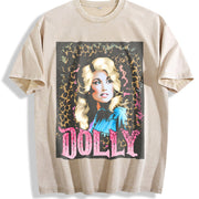 Dolly Parton Retro 80s Country Music Autograph Vintage Washed T-Shirt in Beige