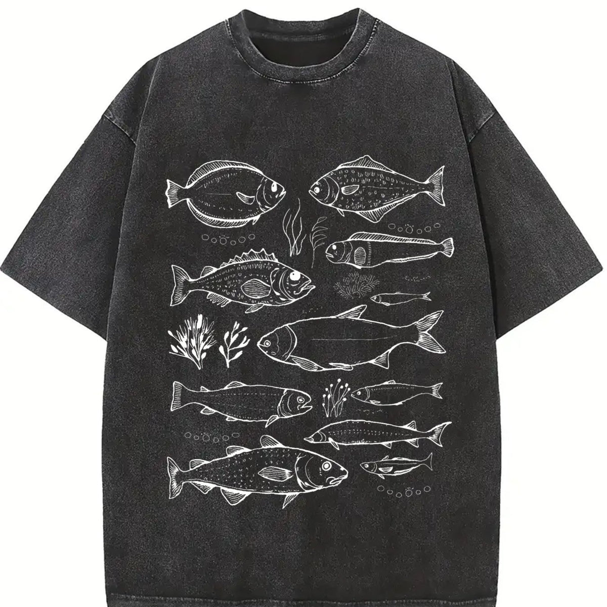 Fish Tattoo Retro Fisher Vintage Washed T-Shirt in Black