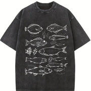 Fish Tattoo Retro Fisher Vintage Washed T-Shirt in Black