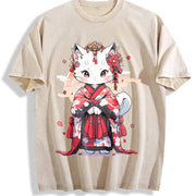 Animal Series Spring/: Cat in a Kimono Vintage Washed T-Shirt in Beige
