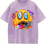 American Street Graffiti Melted Hip-hop Quirky Expression Vintage Washed T-Shirt in Purple
