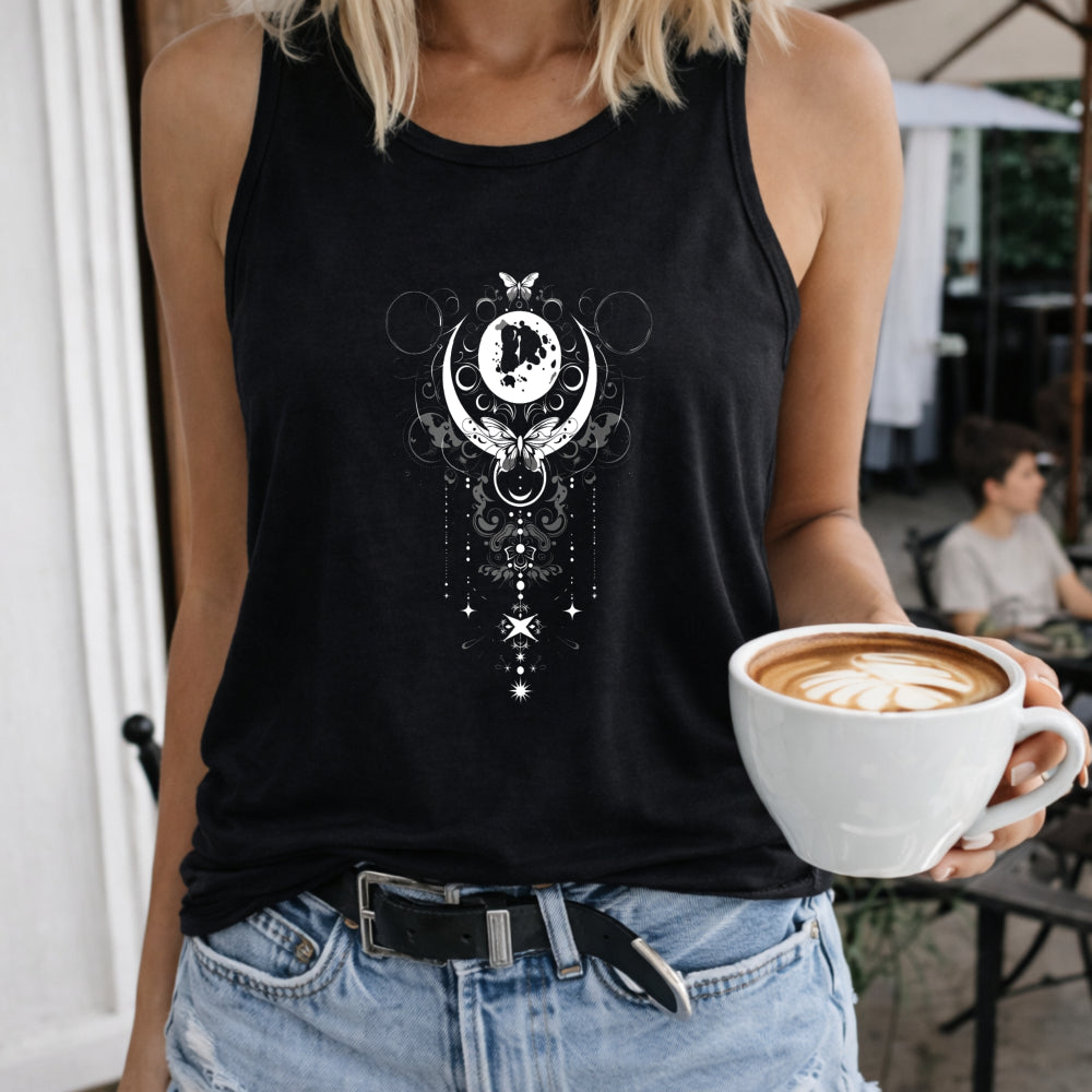 Celestial Moon Ornament Women's Color Cotton Tank Top in Black