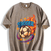 Flaming Soccer Ball Vintage Washed T-Shirt in Brown
