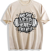 And She Lifted Heavily Ever After Barbell Motivation Vintage Washed T-Shirt in Beige