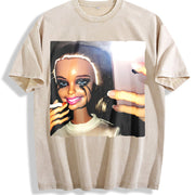 Glam Doll Selfie Vintage Washed T-Shirt in Beige