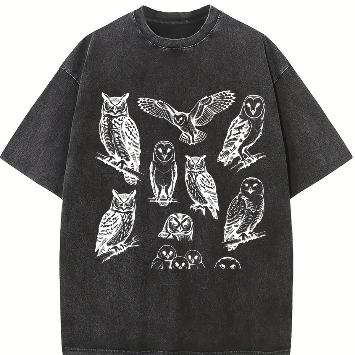 Owl 90s Tattoo Retro ® Y2k Woodland Bird Vintage Washed T-Shirt in Black