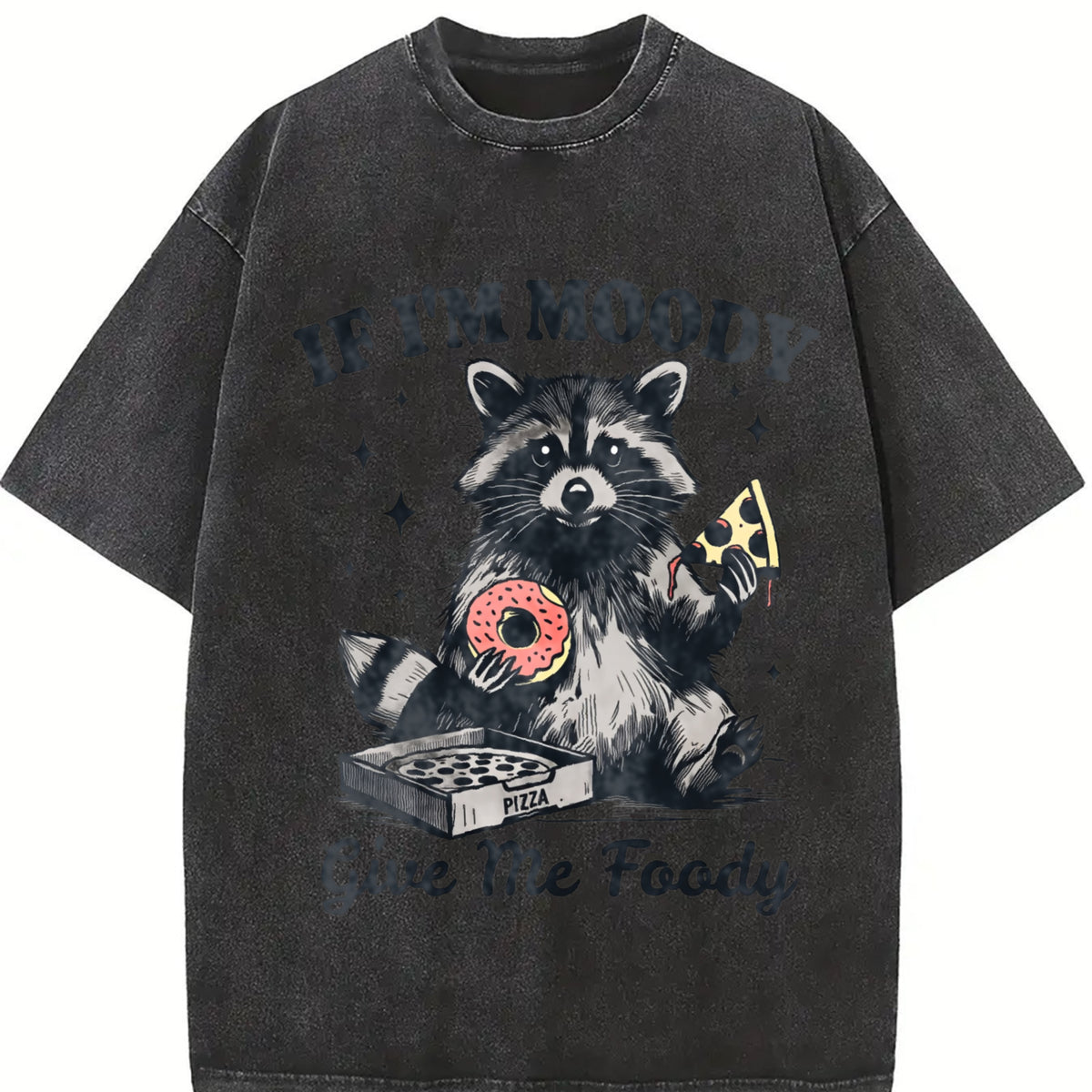 Retro Raccoon If I'm Moody Give Me Foody Vintage Washed T-Shirt in Black