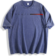 Paris Flag Blend Soft Breathable Trendy Letter for and vintage washed oversized T-shirt in Blue