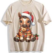 New Year Winter Year of the Horse Cartoon Pony Vintage Washed T-Shirt in Beige