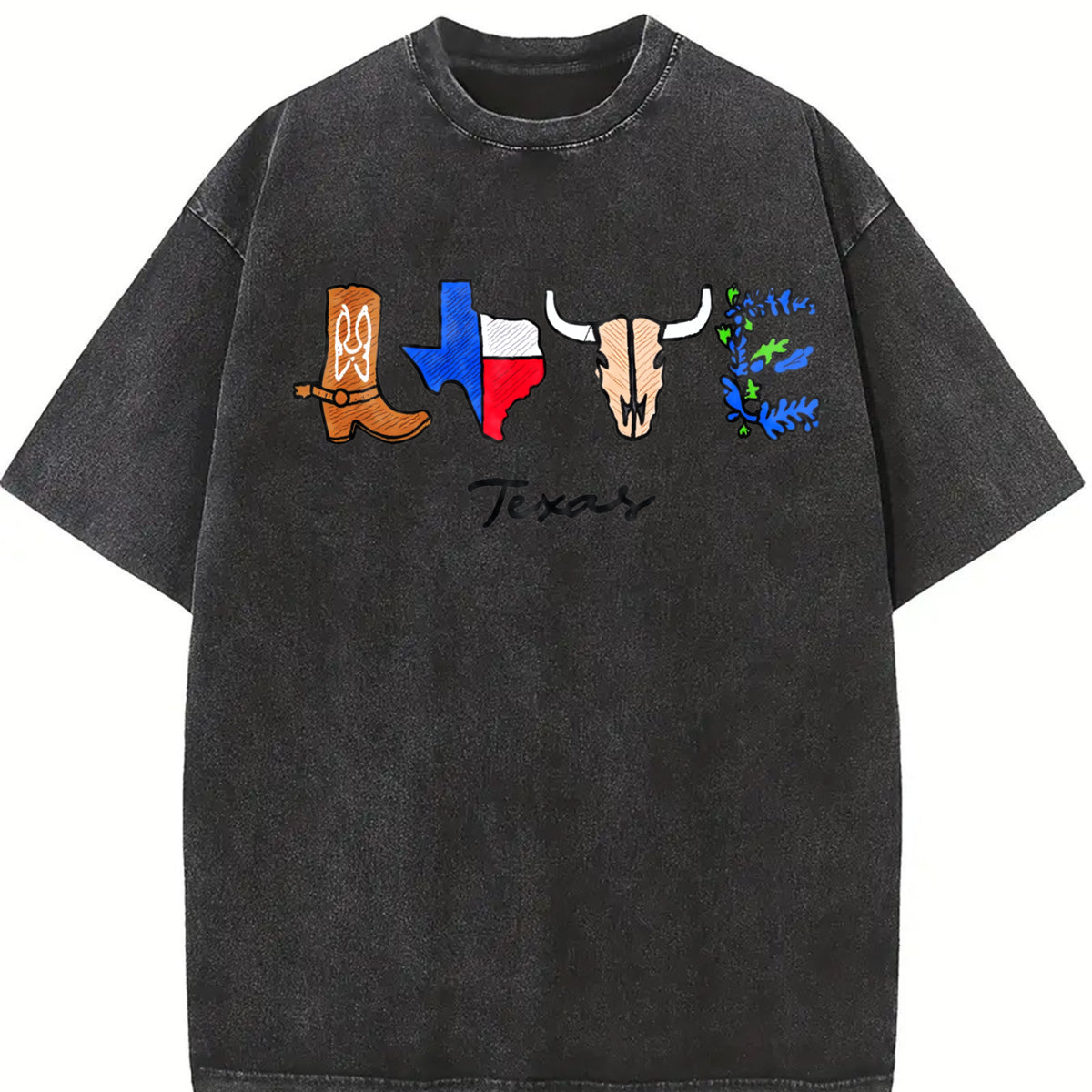 Embroidered Texas Cowboy Vintage Washed T-Shirt in Black