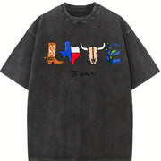 Embroidered Texas Cowboy Vintage Washed T-Shirt in Black