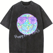 Purple Leopard Smiley Cute Beach Swimsuit Cover Up vintage washed oversized T-shirt in Black
