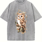 Green Leaf Owl Fashionable Elegant Vintage Washed T-Shirt in Gray