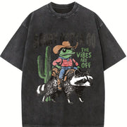 Raccoon Cowboy Frog Retro Vintage Washed T-Shirt in Black