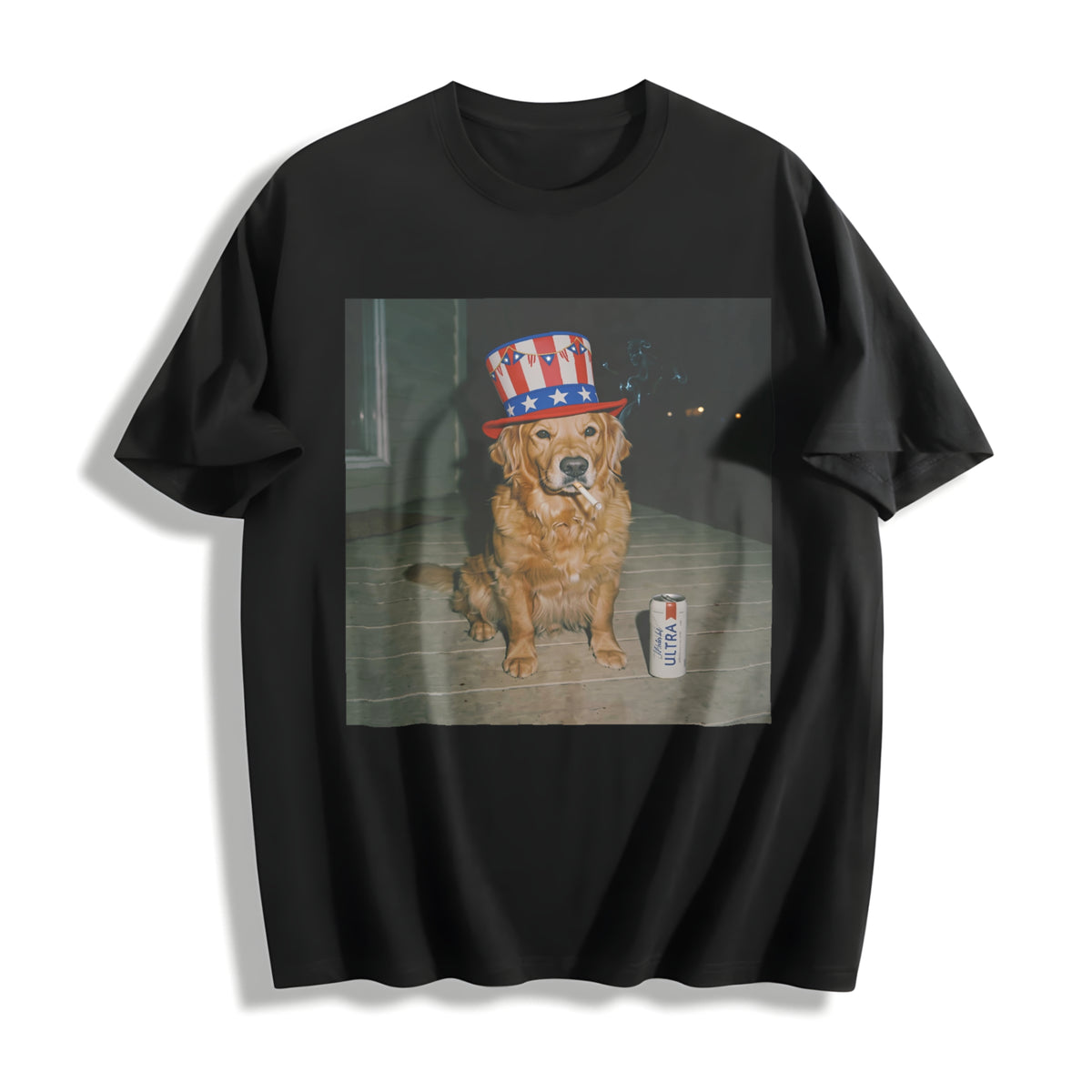 Patriotic Dog Golden Retriever 4th of July Cotton T-Shirt in Black