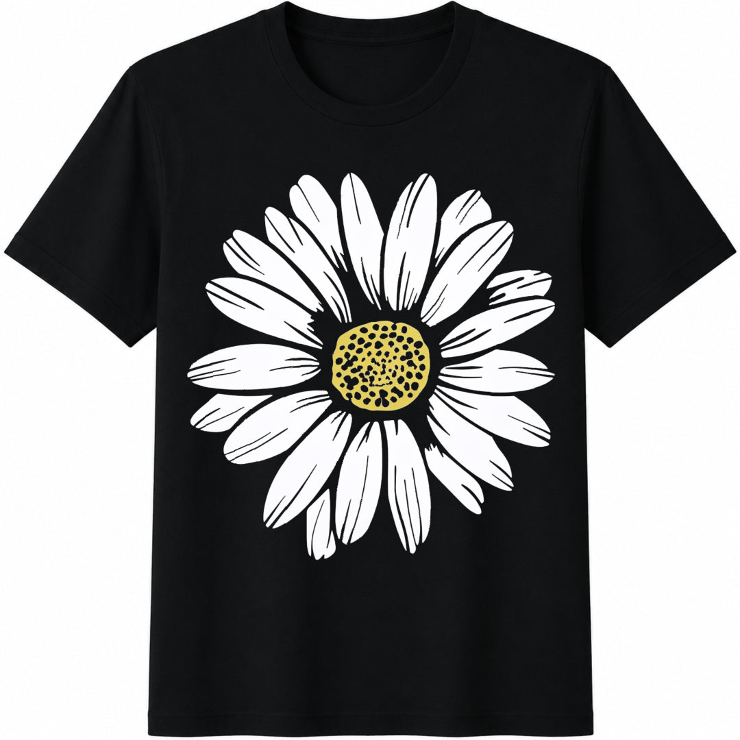 White Daisy Cotton T-Shirt in Black