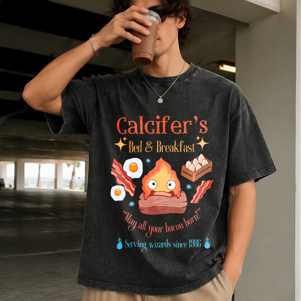 Howl’s Moving Castle Inspired Calcifer's Bed & Breakfast Vintage Washed T-Shirt in Black