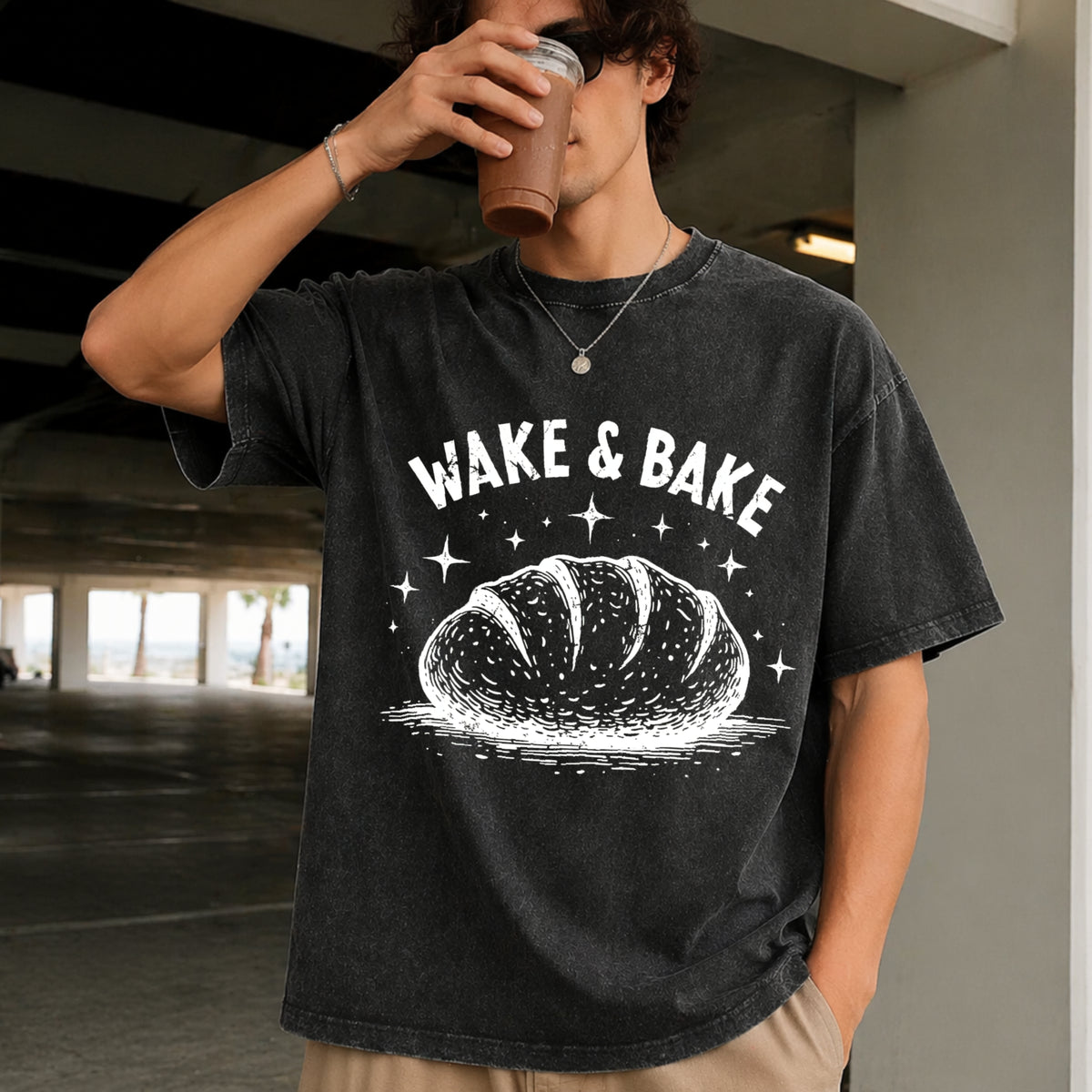 Wake and Bake Sourdough Vintage Washed T-Shirt in Black
