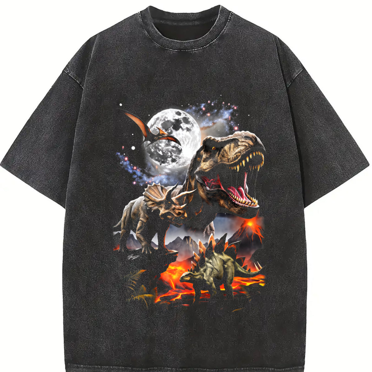 Dinosaur Retro T Rex Triceratops Stegosaurus Jurassic Vintage Washed T-Shirt in Black