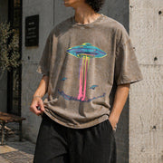 Retro Alien Abduction Vintage Washed T-Shirt in Brown